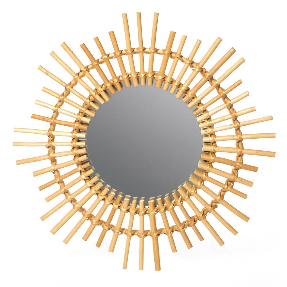 FABULAXE Framed Sunburst Decorative Natural Rattan Wood Round Modern Boho Hanging Wall Mirror, 21""  | The Home Depot