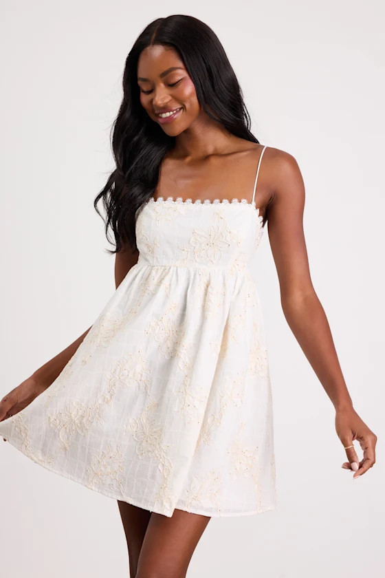 Roria White Embroidered Babydoll Mini Dress | Lulus