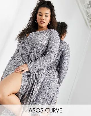 ASOS EDITION Curve wrap midi dress in disc sequin in silver | ASOS (Global)