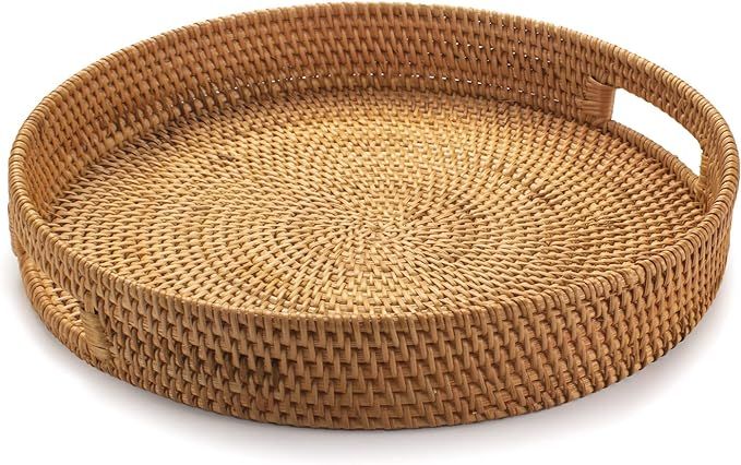 Rattan Round Serving Tray, Hand Woven Serving Basket with Cut - Out Handles, Wicker Fruit / Bread... | Amazon (US)