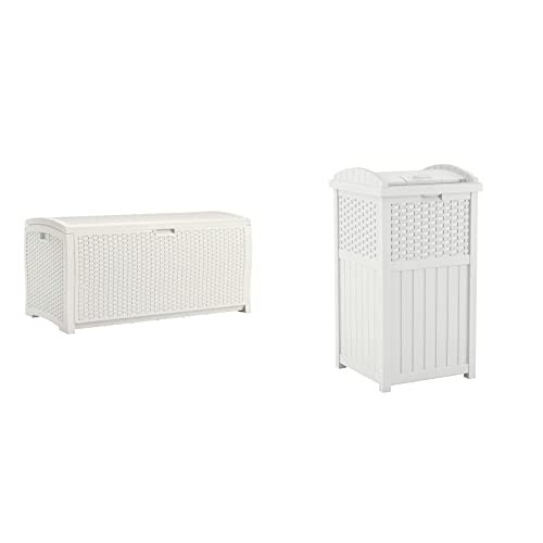 Suncast 99 Gal Resin Wicker Patio Storage Box - Water Resistant Outdoor Storage Container White & 33 Gal Hideaway Trash Can for Patio - Resin Outdoor Trash with Lid | Amazon (US)