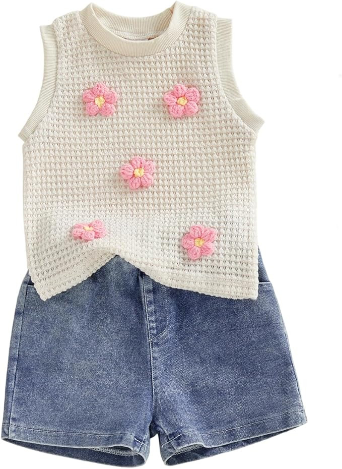Amazon.com: YINGISFITM Toddler Girl Clothes Baby Summer Waffle Knit Tank Top Sleeveless Shirt Jea... | Amazon (US)