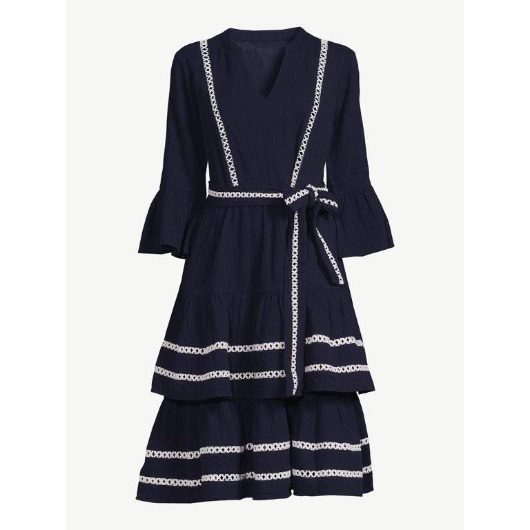 Scoop Women's 3/4 Sleeve Lace Detail Tiered Mini Dress | Walmart (US)