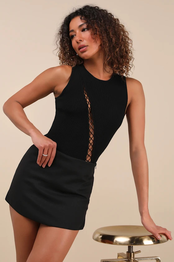 Jalani Black Ribbed Cutout Sleeveless Bodysuit | Lulus