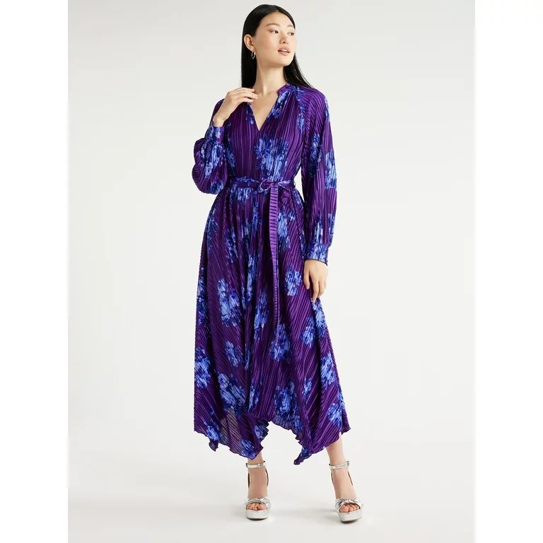 Scoop Women's Long Sleeve Plisse Midi Dress with Handkerchief Hem, Sizes XS-XXL - Walmart.com | Walmart (US)