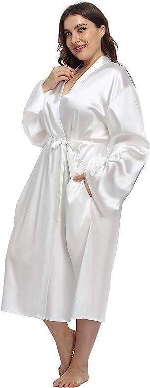 iFigure Women's Plus Size Satin Robe Long Bathrobes Dressing Gown Soft Sleepwear | Amazon (US)