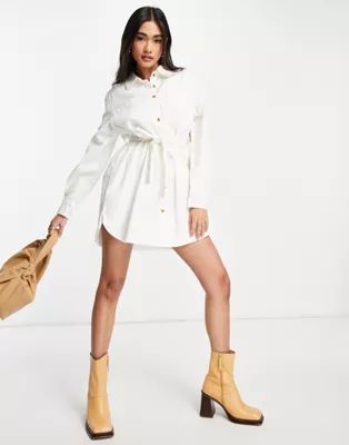 ASOS DESIGN soft denim oversized belted shirt dress in white | ASOS (Global)