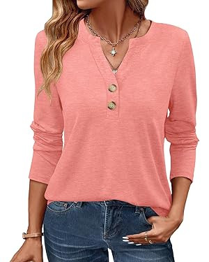 Womens Long Sleeve Tops Fall Clothing V Neck Casual Shirts Button Dressy Trendy Blouses Loose Fit... | Amazon (US)