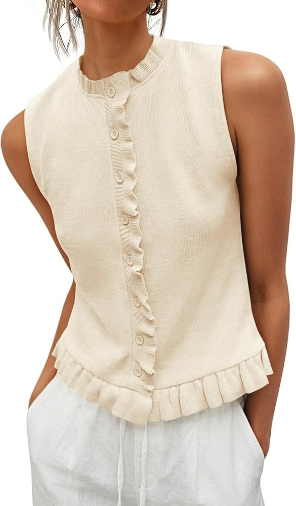 Saodimallsu Womens Sleeveless Sweater Vest Ruffle Button Down Knit Tank Top Summer Trendy Going O... | Amazon (US)