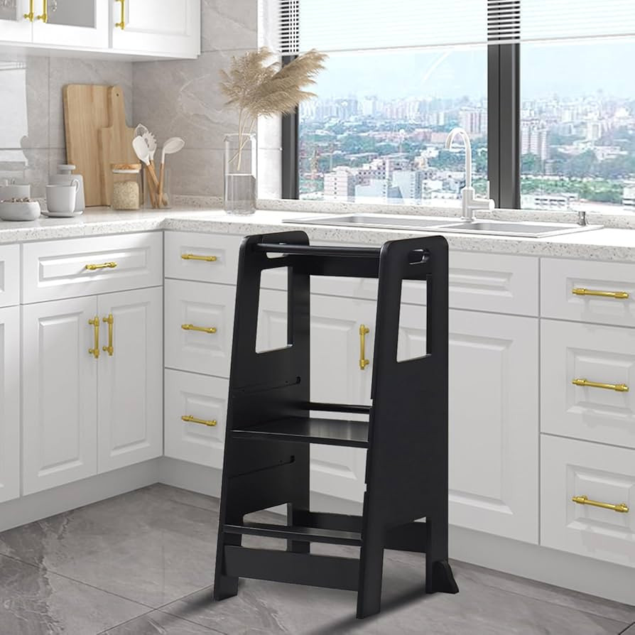 Kid's Wooden Kitchen Step Stool, Adjustable Platform Standing Tower, with Safety Guardrail Child ... | Amazon (US)