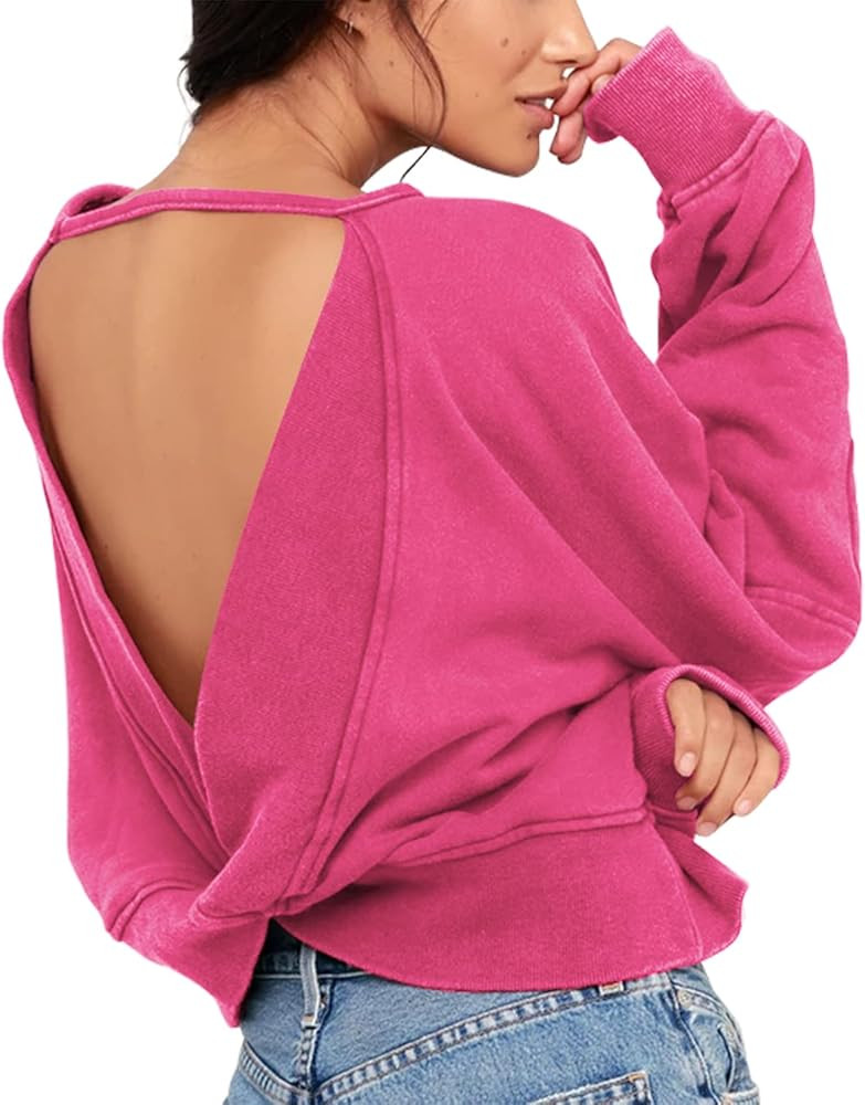 ReachMe Womens Open Back Sweatshirts Crop Backless Long Sleeve Shirts Off The Shoulder Crewneck W... | Amazon (US)
