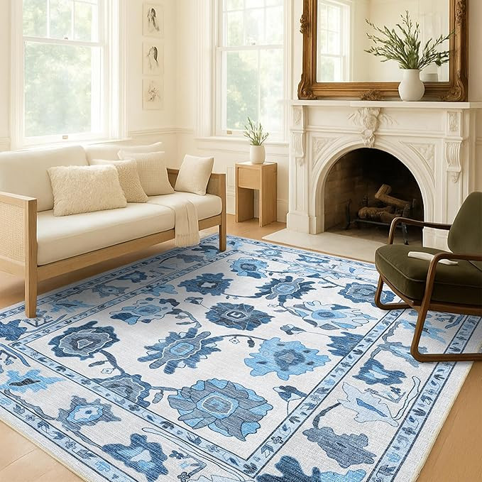 Navy Blue Oushak Rug, Modern, Vintage, Turkish, Eclectic, Floral, Pastel, Washable, Area Rugs for... | Amazon (US)
