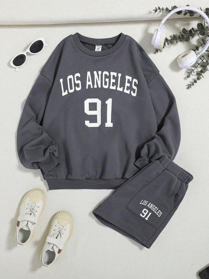 SHEIN Kids EVRYDAY Tween Girl Knitted Letter Printed Long Sleeve Sweatshirt And Shorts 2pcs/Set f... | SHEIN
