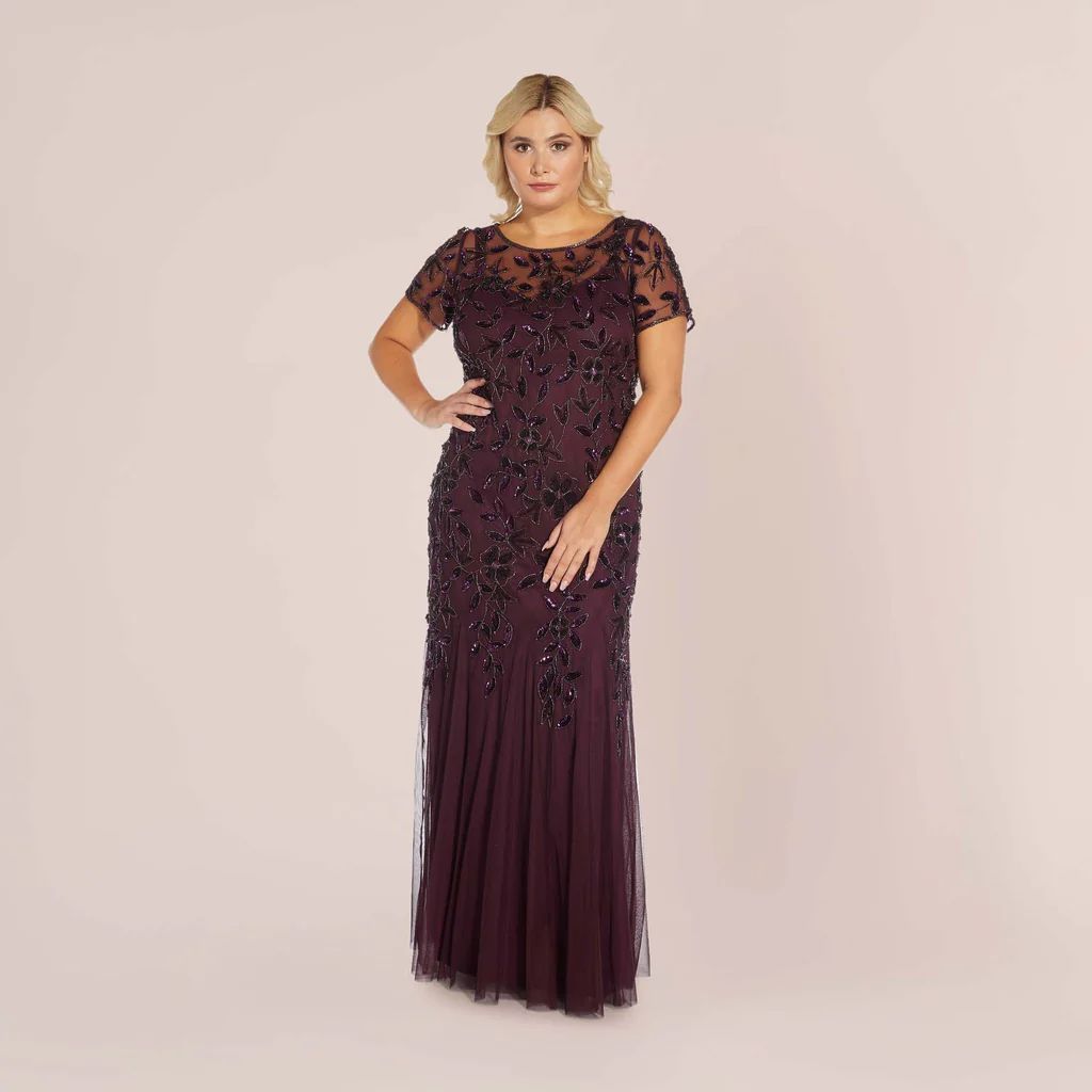 Plus Size Hand Beaded Short Sleeve Floral Godet Gown In Night Plum | Adrianna Papell