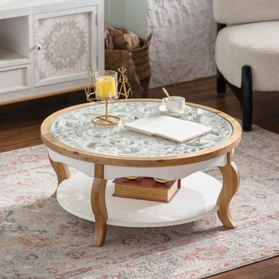 GDFStudio Juno Modern Wooden Round Coffee Table with Glass Top and Curved Legs, Natural Wood | Target