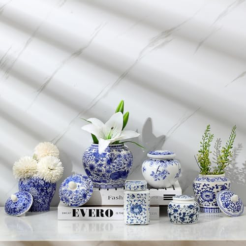 Hushee 6 Pcs Small Blue and White Vase Porcelain Vases Blue Chinoiserie Decor Porcelain Ginger Jars for Home Decor Chinoiserie Vase for Bedroom Table Accent Shelf Tabletop Decor (Novelty) | Amazon (US)