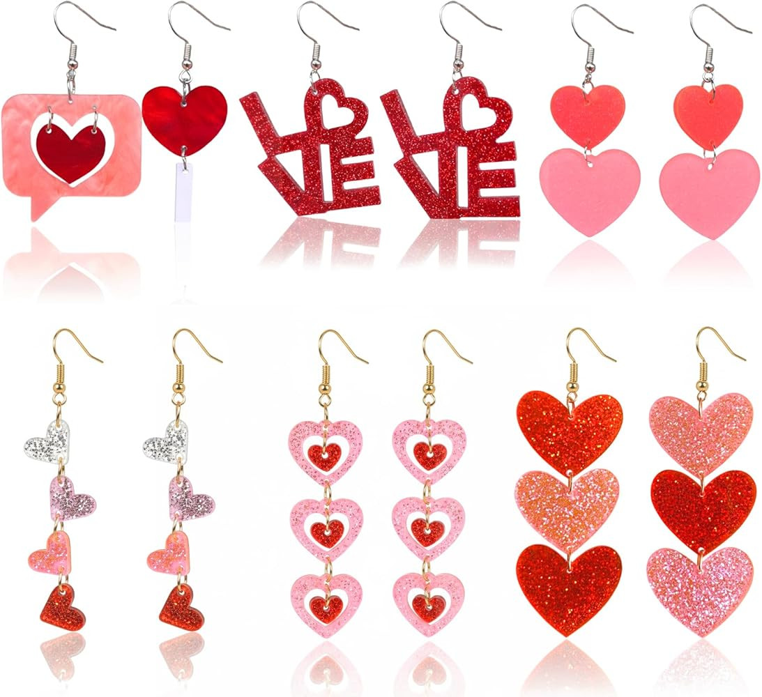 Valentines Earrings, 6 Pairs Heart Jewelry Set for Women, Romantic Red Love Heart Dangle Earrings... | Amazon (US)