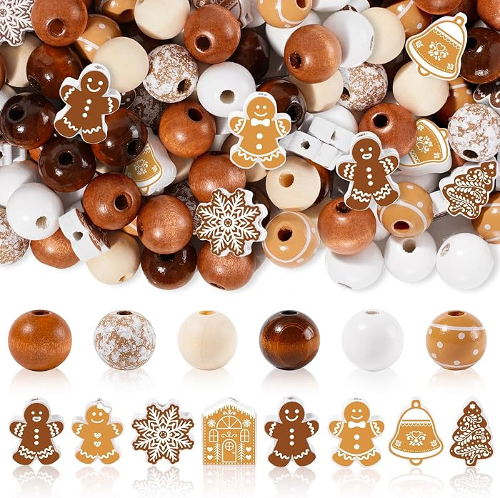 Whaline 200Pcs Christmas Wooden Beads Round Loose Bead Gingerbread Man Snowflake Craft Beads for ... | Amazon (US)