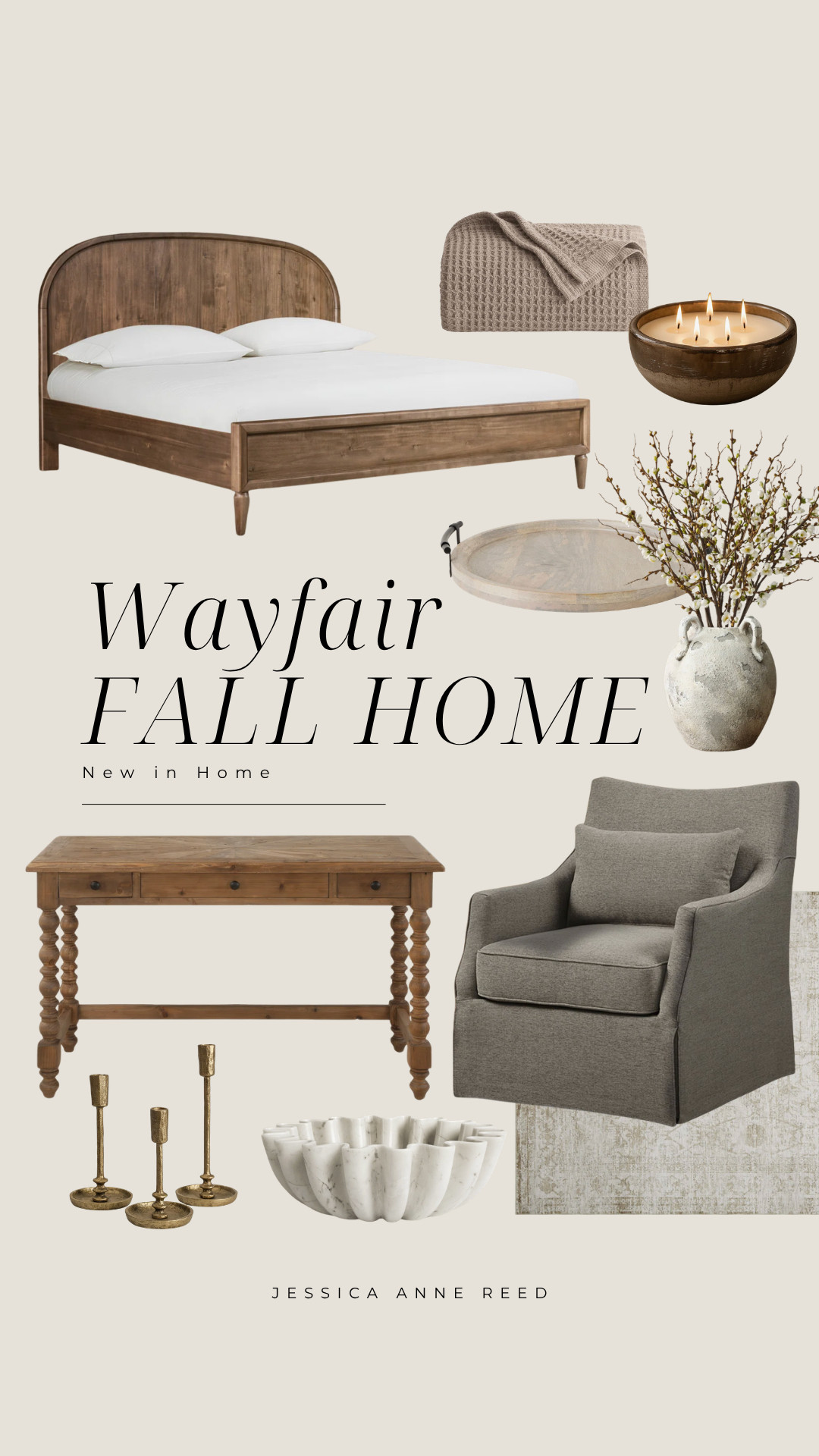 Cozy fall home finds from Wayfair 🤎🍂 Sharing some of my favorite earthy, neutral pieces for giving your home an easy fall refresh! From a beautiful wooden bed frame and warm wood console/desk to a slipcover accent chair, ceramic vase, faux fall stems, gold candle holders + more organic modern decor finds. 

 #LTKSeasonal #LTKHome