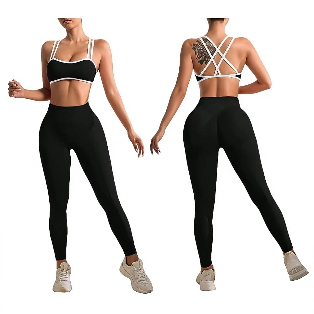 2PC Workout Sets For Women High Waisted Gym Leggings and Cross Back Strappy Sports Bra for Women ... | Amazon (US)