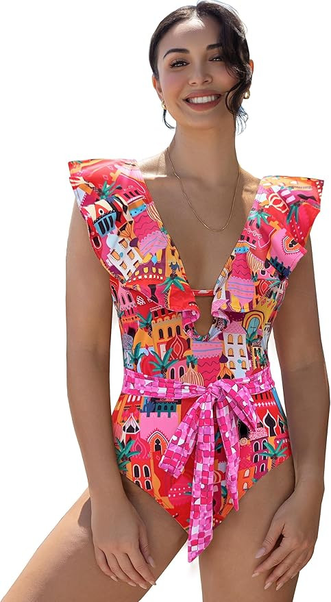 SPORLIKE Women One Piece Swimsuit V-Neck Ruffle Bathing Suit Padded Monokini | Amazon (US)