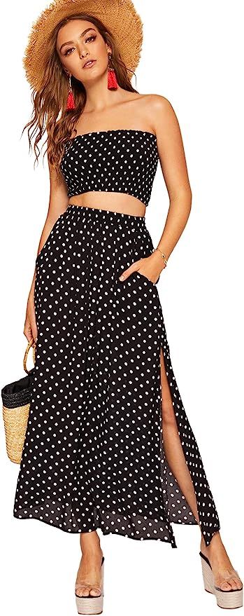 Floerns Women's 2 Piece Outfit Polka Dots Crop Top and Long Skirt Set with Pockets | Amazon (US)