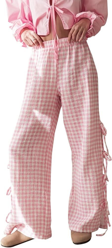 Plaid Pajama Pants for Women Y2K Tie Side Wide Leg Lounge Long Pants Loose Comfy Gingham Pj Boxer... | Amazon (US)