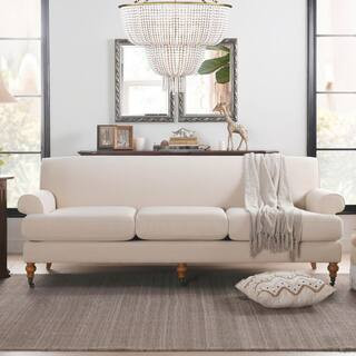 Sherri 88 in. Rolled Arms Upholstered Polyester Rectangle Tightback 3-Seat Lawson Sofa in Sky Neutral Beige with Wheels | The Home Depot