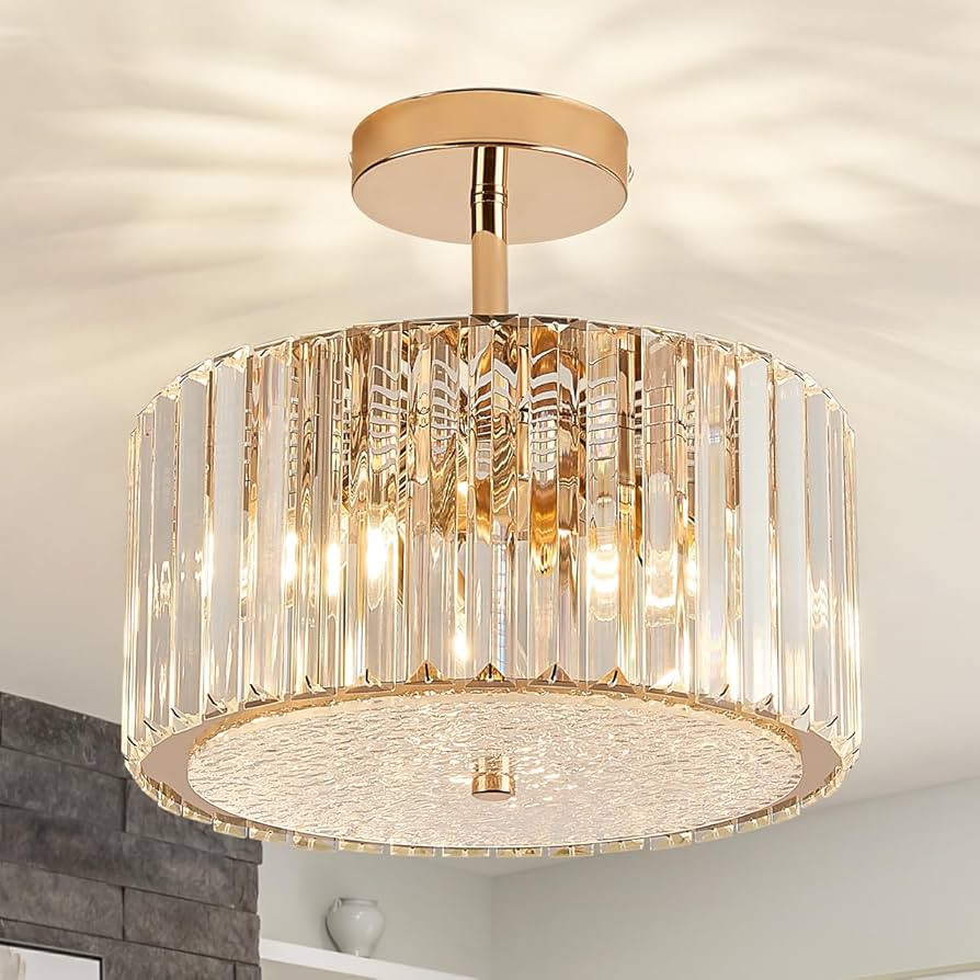 Modern Crystal Chandeliers, Gold Semi Flush Mount Chandelier, 3-Ligh D12 Inch Small Ceiling Light... | Amazon (US)