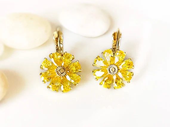 Citrine Daisy Leverback Earrings Yellow Gemstone Flower | Etsy | Etsy (US)