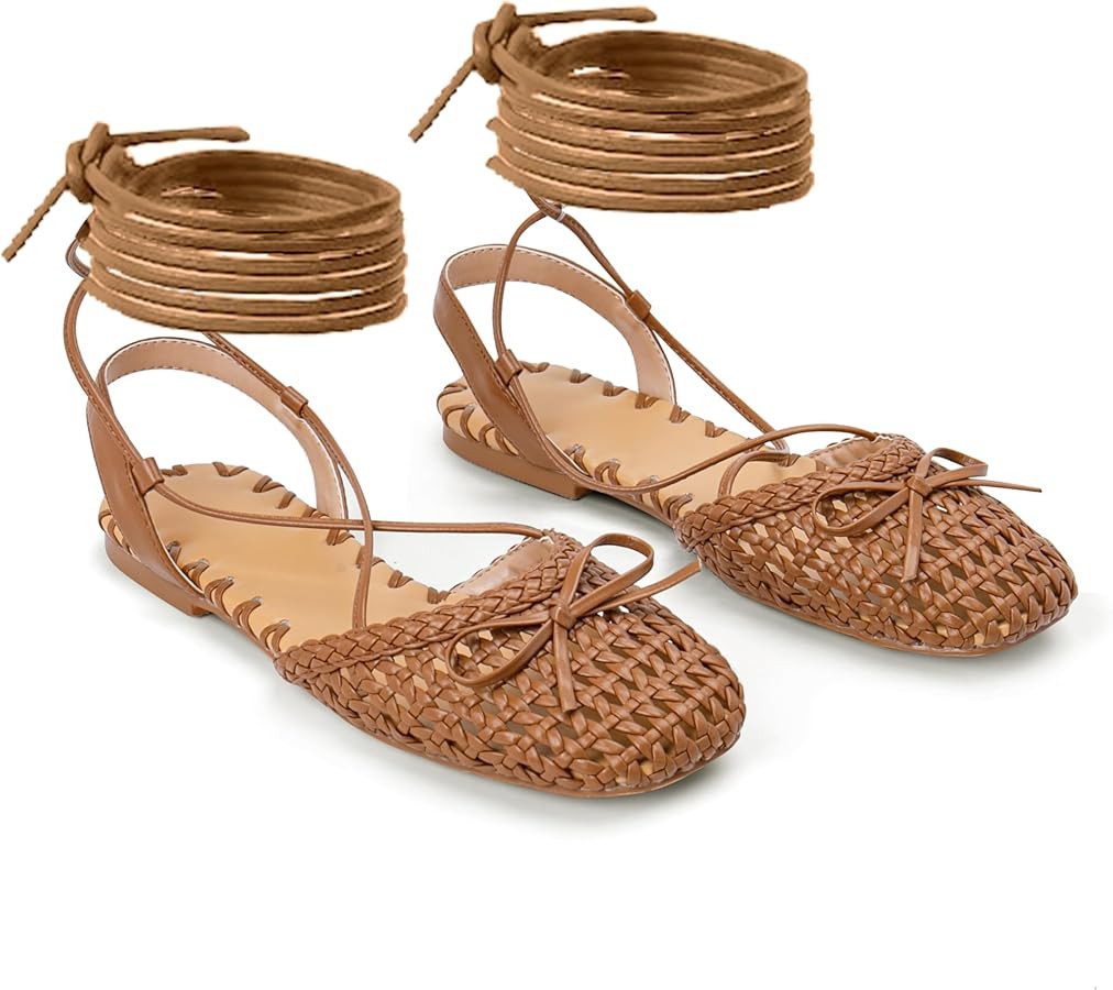 Woven Ballet Flats for Women Lace Up Closed Square Toe Summer Flats Shoes | Amazon (US)