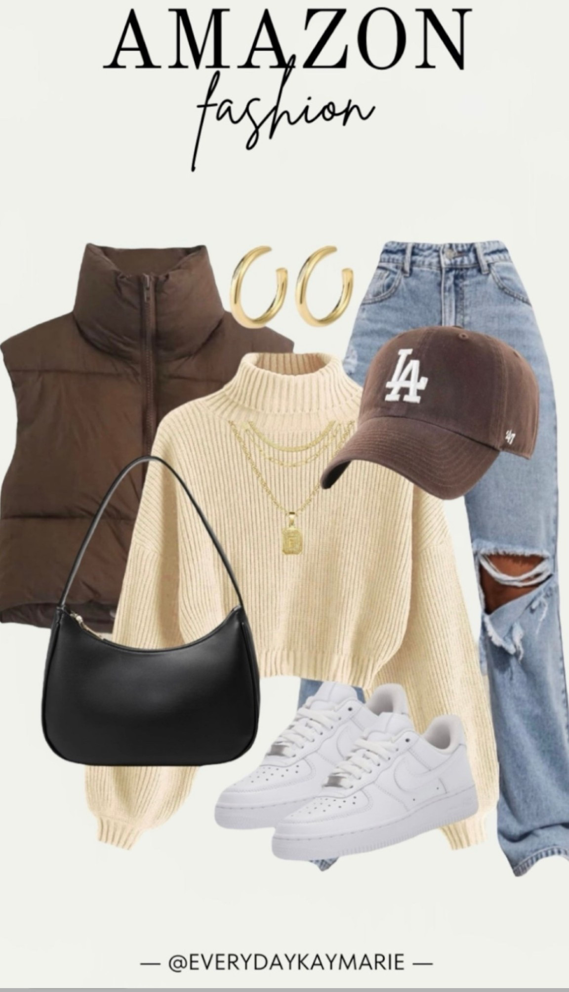 Casual  outfit idea - affordable shopping 

Brown puffer vest, beige pullover cropped sweater, denim jeans, gold jewelry, sneakers, ball cap, handbag 

#LTKSeasonal #LTKFindsUnder100 #LTKStyleTip