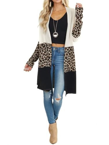 Lacozy Women's Open Front Long Leopard Cardigan Color Block Cardigans Knit Shirt Leopard Printed XL | Amazon (US)