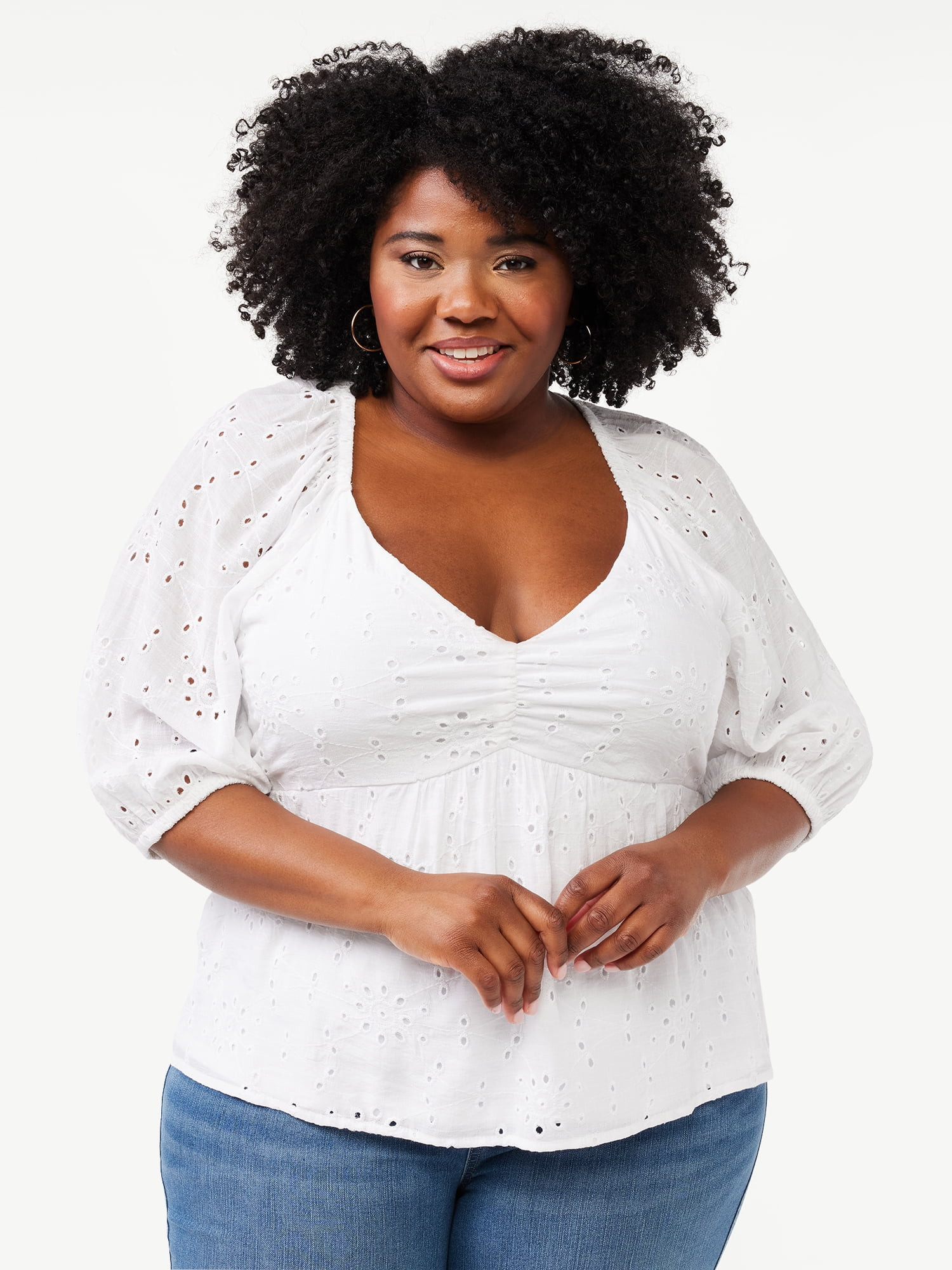 Sofia Jeans by Sofia Vergara Women's Plus Size Eyelet Baby Doll Top | Walmart (US)