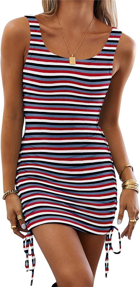 Wenrine Women Bodycon Mini Dress Sleeveless Drawstring Ruched Basic Party Club Tank Dress | Amazon (US)