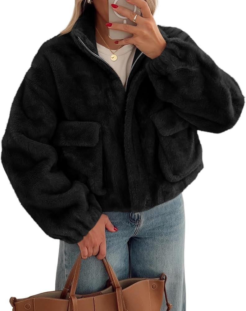 Tankaneo Womens Cropped Faux Fur Coat Fleece Stand Collar Zip Up Jacket 2025 Winter Warm Outerwea... | Amazon (US)