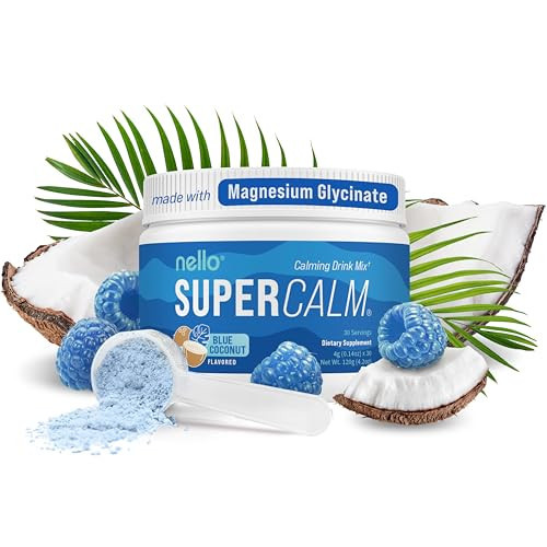 Nello Supercalm Powdered Drink Mix Tub, Cortisol Reducer* and Sleep Aid Supplement, L Theanine, Ksm-66 Ashwagandha, Magnesium Glycinate, Vitamin D 3, No Sugar, Non GMO, On The Go, 30 Ct, Blue Coconut | Amazon (US)
