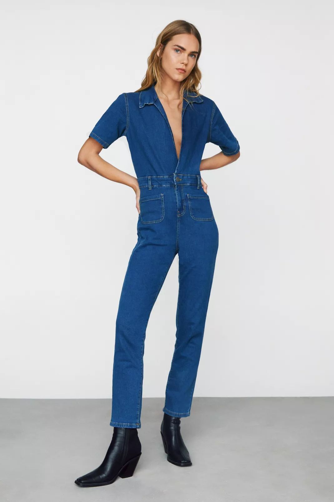 Organic Denim Plunging Fitted Jumpsuit | Nasty Gal (US)
