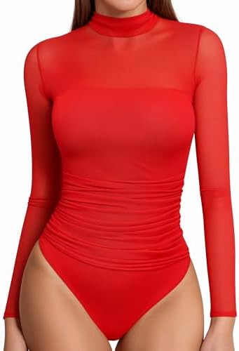 MANGOPOP Women's Mock Turtle Neck Bodysuit Mesh Long Sleeve Body Suit Sexy Ruched Sheer Going Out... | Amazon (US)