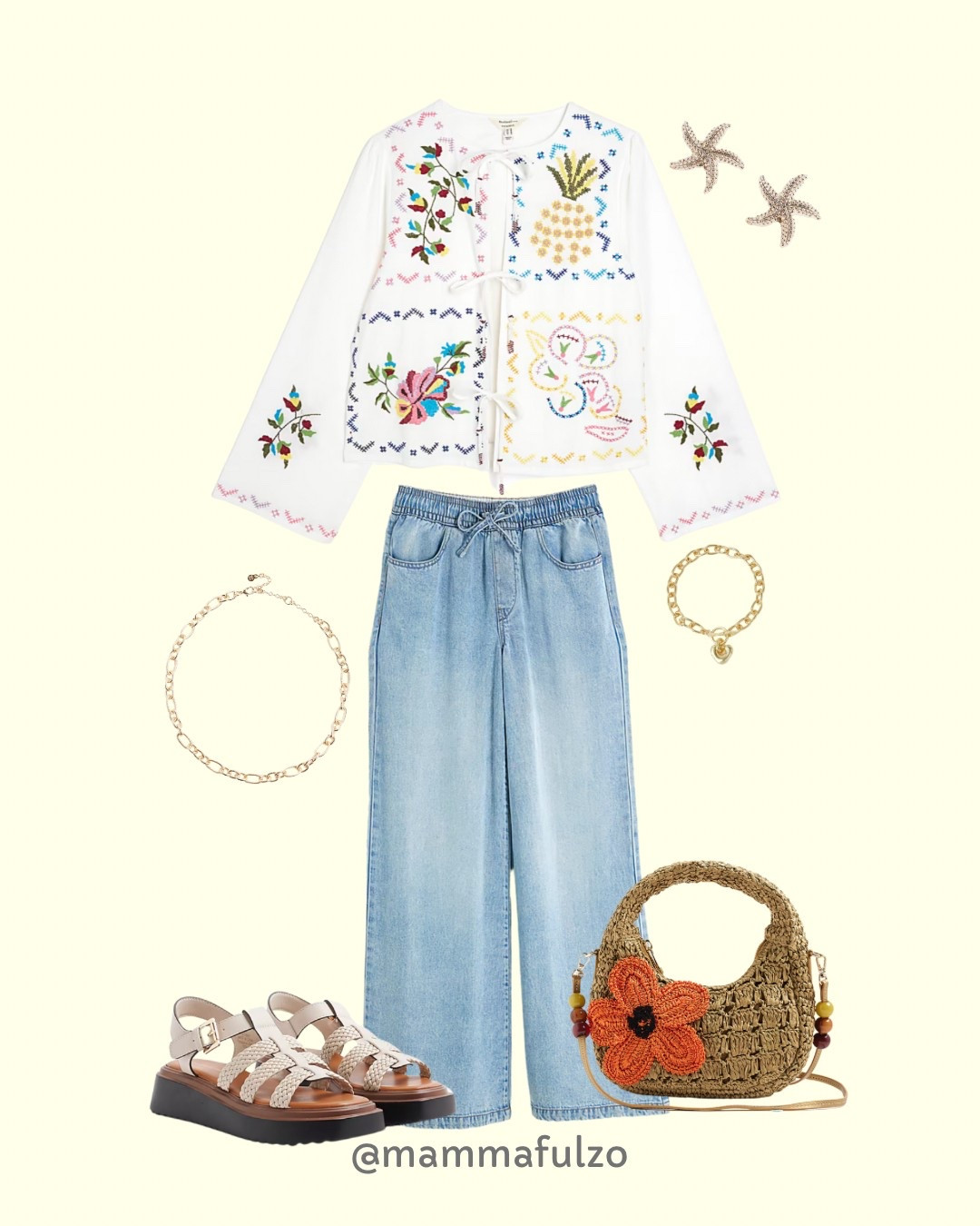 Summer outfit ideas, River island outfit, Summer fashion, Wide leg jeans, embroidered shirt, gold jewellery, raffia bag, star fish earrings 

#LTKsummer #LTKuk #LTKtravel