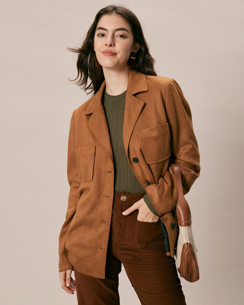 The Brown Lapel Pockets Button Suede Jacket | rihoas.com