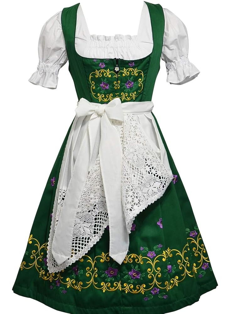 Dirndl Trachten Haus 3-Piece Long Green German Embroidered Oktoberfest Dress | Amazon (US)
