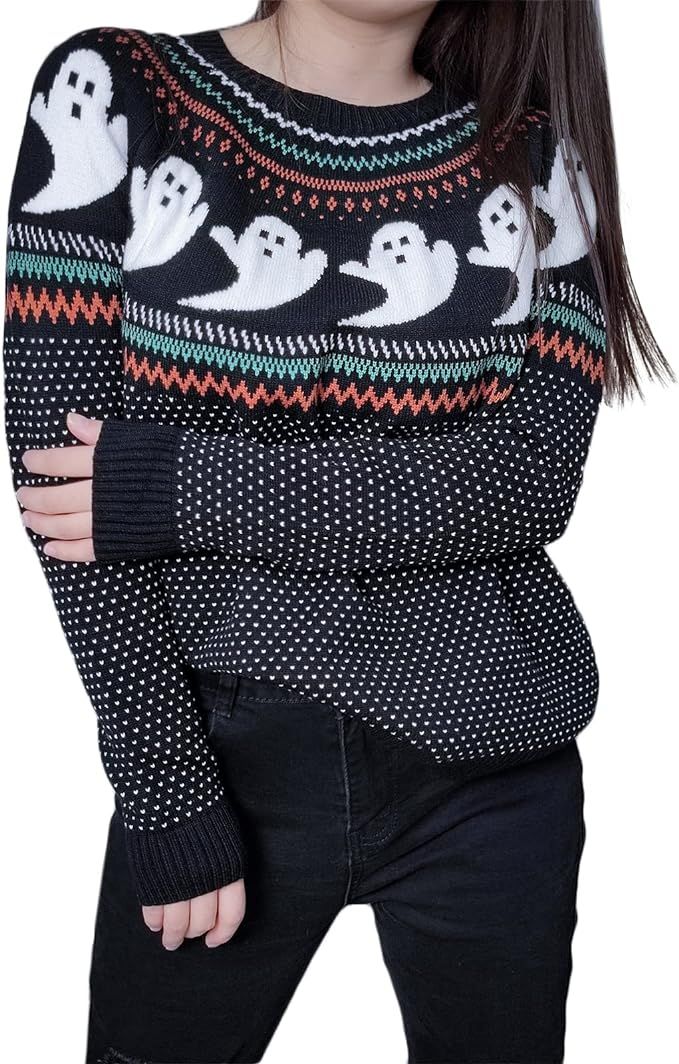 YEMOCILE Halloween Knitted Sweater for Women with Cute Ghost Pattern Gothic Streetwear with Long ... | Amazon (US)