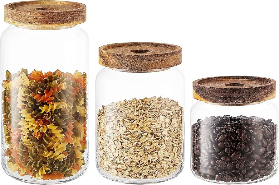 KMwares Set of 3 Clear Glass Food Jars/Canisters with Airtight Seal Acacia Wood Lids for Kitchen/... | Amazon (US)