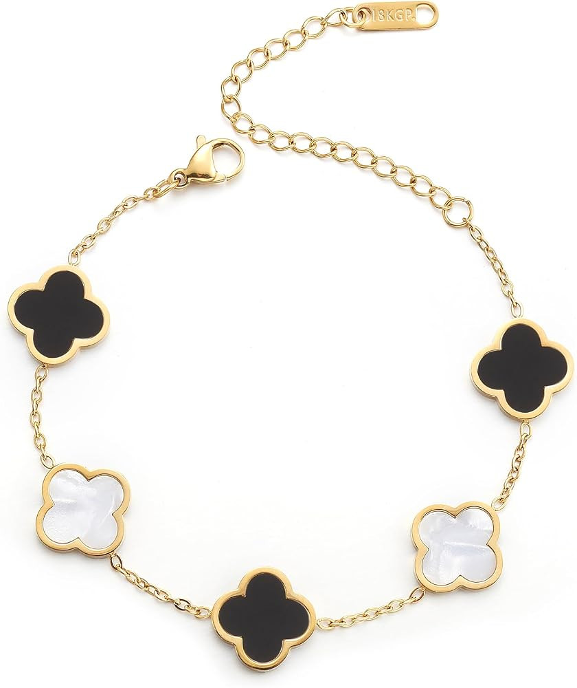 18K Gold Plated Clover Lucky Bracelet for Women White/Black/Red/Green Flower Four Leaf Link Brace... | Amazon (US)
