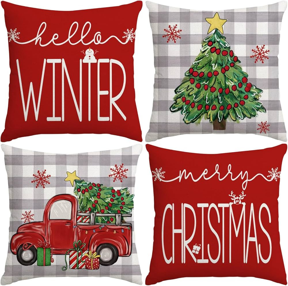 ADFLOOD Christmas Pillow Covers 18X18 Set of 4,Christmas Tree Truck Buffalo Pliad Hello Winter De... | Amazon (US)