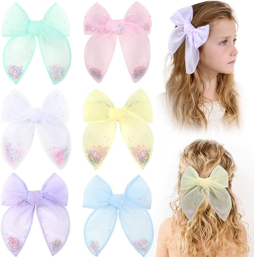 6 PCS Tulle Hair Bows for Girls, CN Toddler Bows with Glitter Star Alligator, Colorful Hair Barre... | Amazon (US)
