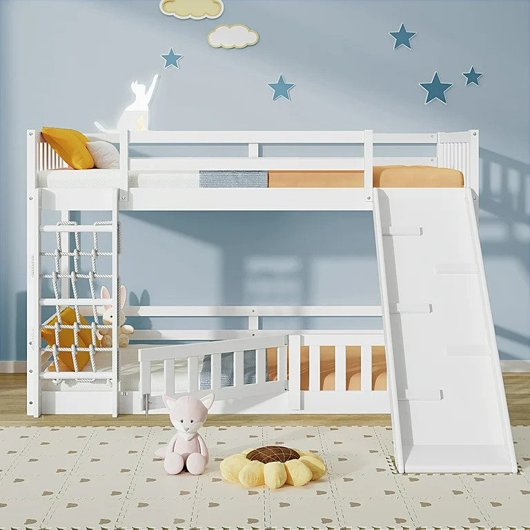 PORKISS Low Bunk Beds for Kids with Climbing Nets and Climbing Ramp, Twin Over Twin Floor Bunk Be... | Walmart (US)