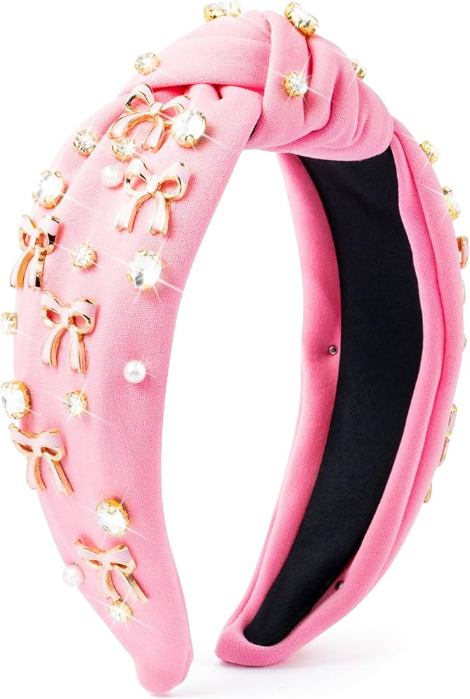 PANTIDE Coquette Pink Bow Jeweled Knotted Headband - Rhinestone Crystal Pearl Embellished Preppy ... | Amazon (US)