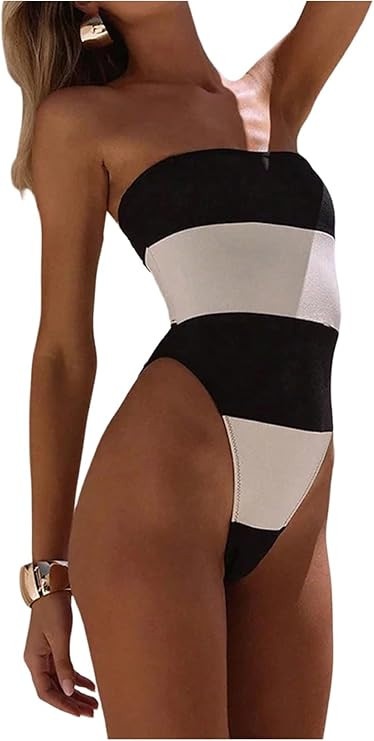 WDIRARA Women's One Piece Color Block Strapless Swimsuit High Cut Bandeau Bathing Suit | Amazon (US)